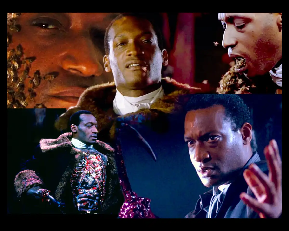 A collage of five stills from the movie 'The Matrix Reloaded' featuring the character Morpheus. The top left shows his face…