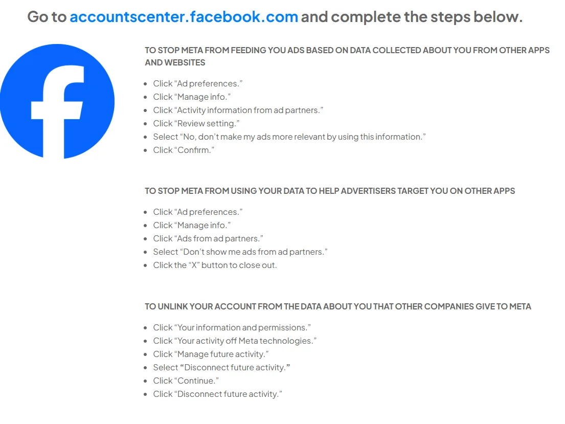 A screenshot of a Facebook help page with the blue Facebook logo on the left and three bulleted lists of steps to stop Meta…