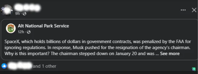 A screenshot of a social media post from 'Alt National Park Service' showing a Facebook-style interface with a dark theme…