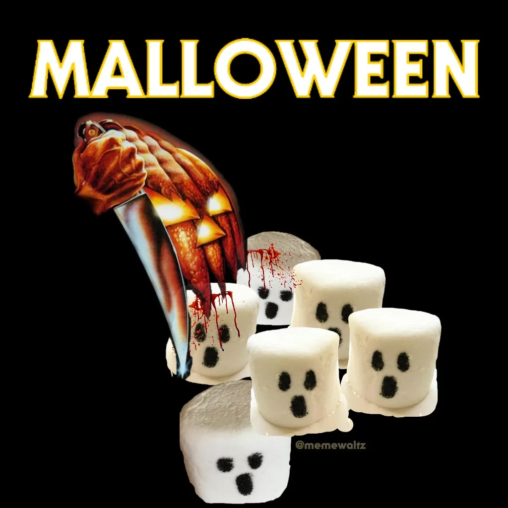 A Halloween-themed image features a large, bloody knife with a carved pumpkin hand gripping the handle, stabbing into…