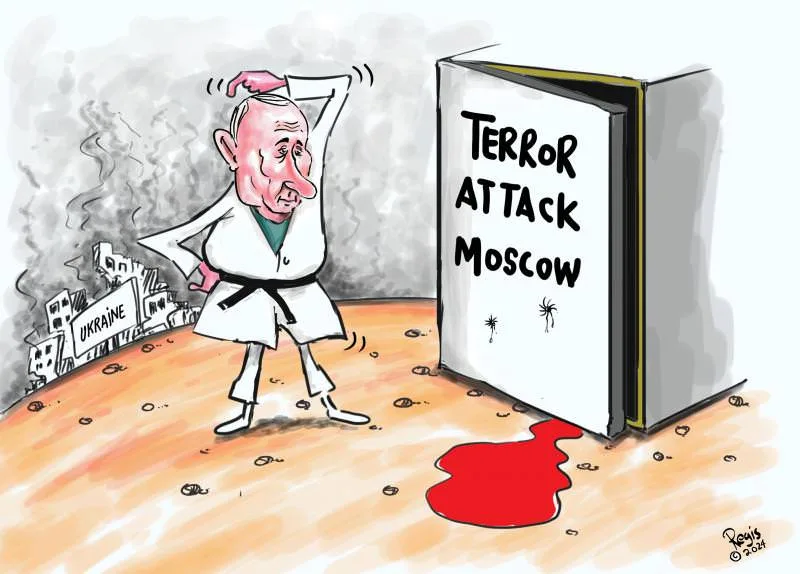A cartoon depicts a man in a white karate gi with a black belt, looking distressed as he holds his head, standing before a…