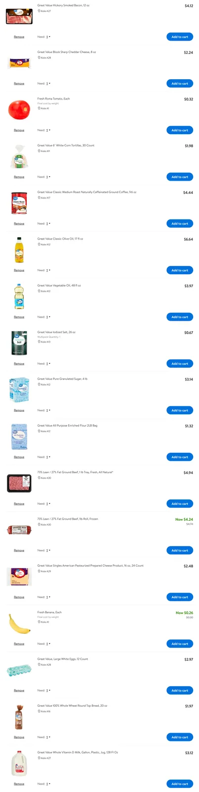 Grocery pricing basics at Walmart as of 11-10-24 in Florida
