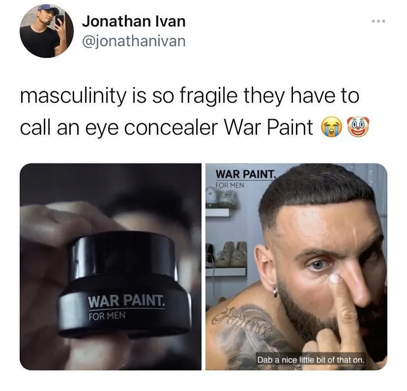 A split image shows a black jar labeled 'WAR PAINT. FOR MEN' and a man applying the product under his eye. The man has a…