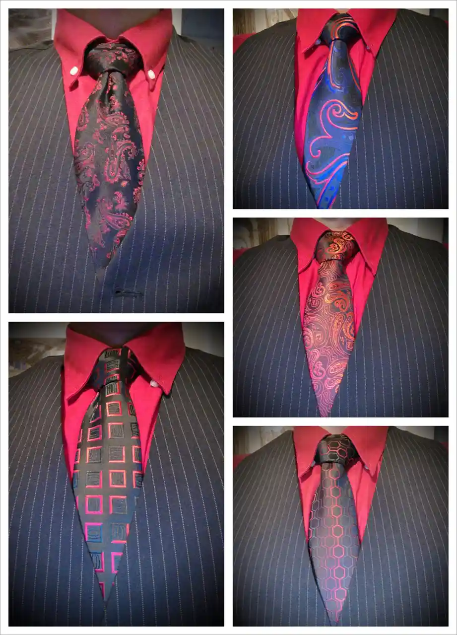 A collage of five images showing the same person wearing a pinstripe suit and red shirt, but with five different neckties…