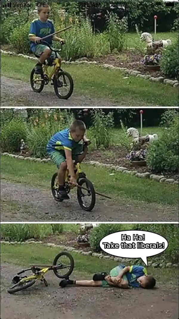 A three-panel image shows a young boy riding a yellow bicycle while holding a stick, then falling off the bike, and finally…