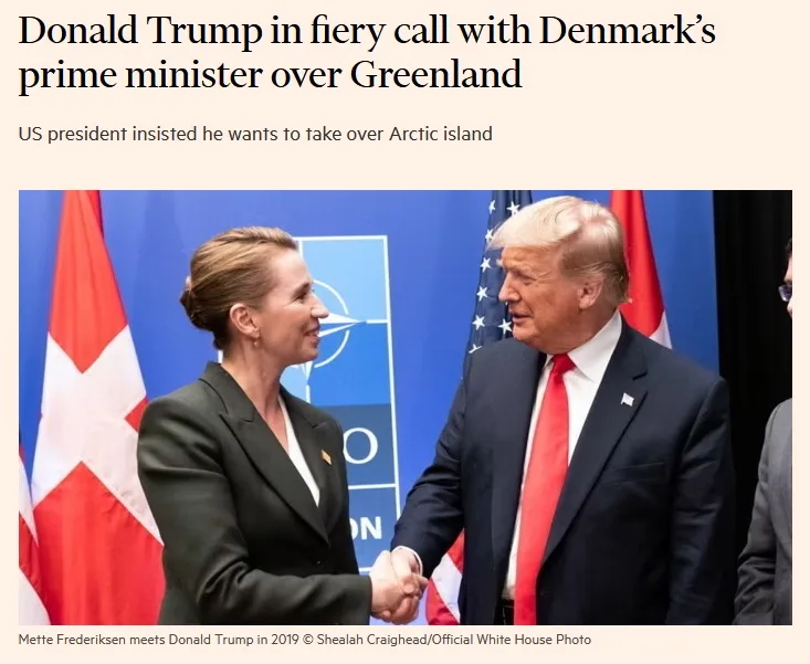 A photo shows Donald Trump and Mette Frederiksen shaking hands in front of flags, with overlaid text claiming Trump had a…