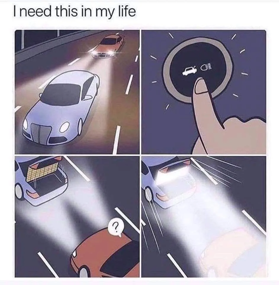 A four-panel comic shows a car driving at night, then a finger pressing a button with car icons, then the car's trunk…