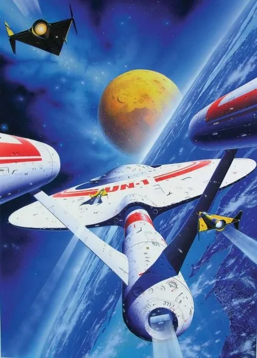 A vibrant sci-fi illustration shows a white spaceship with red stripes and the text 'UN-1' on its side, flying through space…