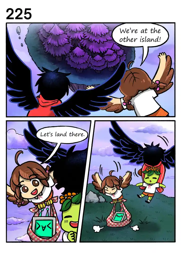 A three-panel comic strip shows two winged characters flying over a purple forest. The first panel shows them arriving at a…
