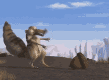A sequence of six frames shows a cartoon squirrel in a desert-like environment, initially holding an acorn, then spinning…