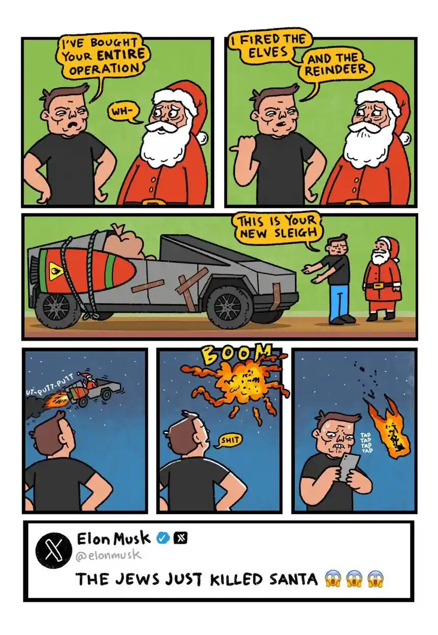 A comic strip shows Elon Musk buying Santa's operation, replacing his reindeer and elves with a Tesla Cybertruck sleigh…
