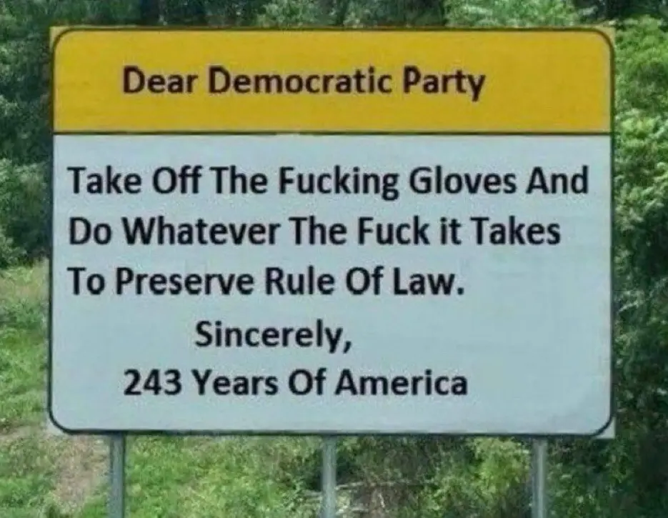 A yellow and white road sign with black text, set against a green, leafy background. The sign reads: 'Dear Democratic Party…