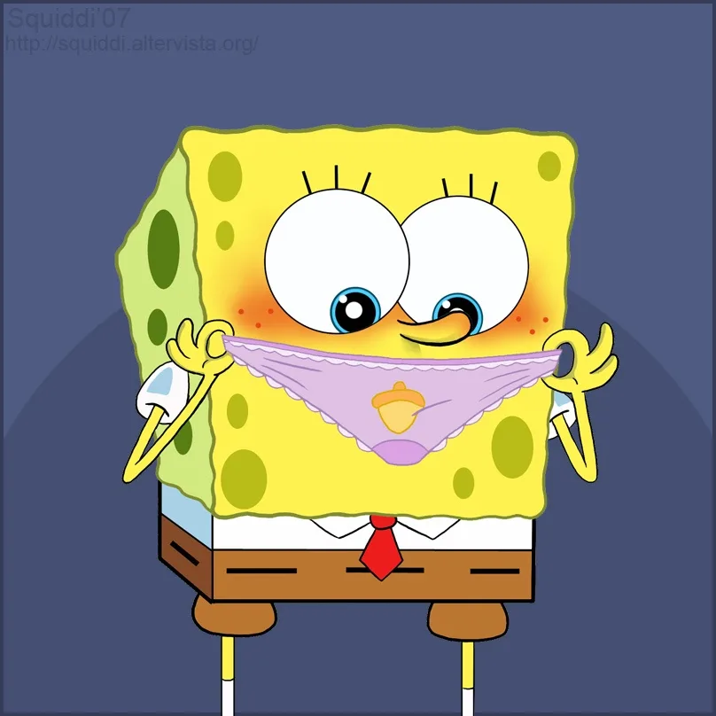 spongebob squarepants holds up a purple baby diaper with an acorn emblem, looking embarrassed and blushing, while wearing…
