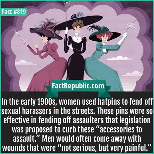An illustrated image shows three women in early 1900s fashion, each holding a hatpin like a weapon. The text overlay claims…