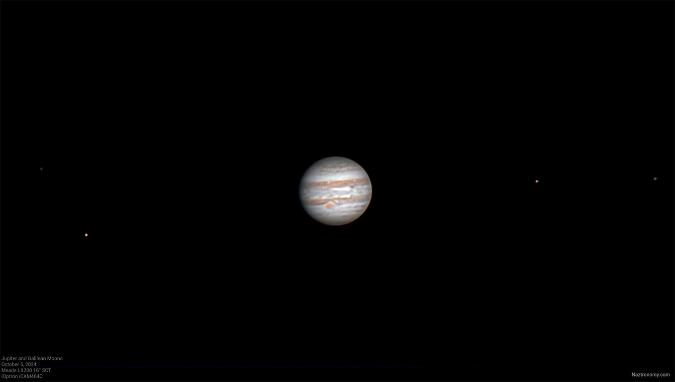 A telescope image shows the planet Jupiter with four small bright dots around it, identified as its Galilean moons, against…