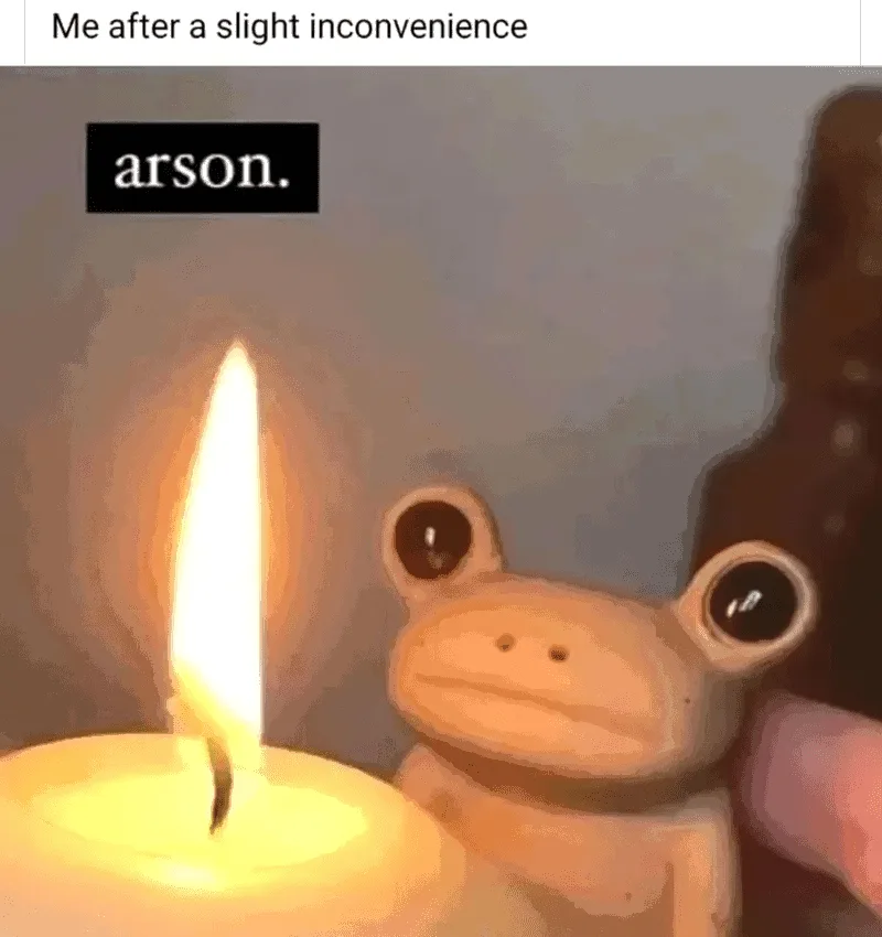 A close-up image shows a small, tan-colored frog figurine with large, round eyes sitting beside a lit white candle. The…
