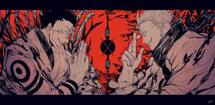 Two anime characters face each other in a dramatic standoff against a red, splattered background. The character on the left…