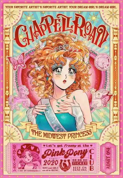 A stylized, glittery concert poster for artist Chappell Roan, featuring a cartoon princess with curly orange hair…