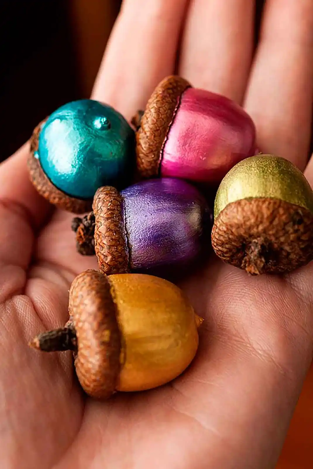 A close-up image shows a person's open palm holding five acorns, each painted in a different vibrant metallic color: teal…
