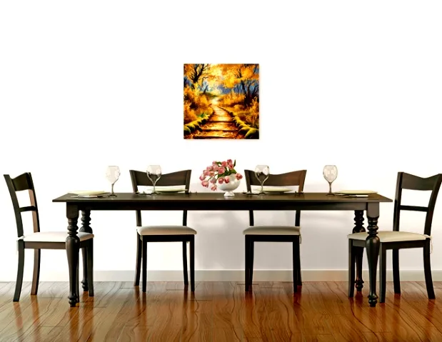 A dining room with a dark wooden table and chairs set for four, featuring a framed painting above the table depicting a…