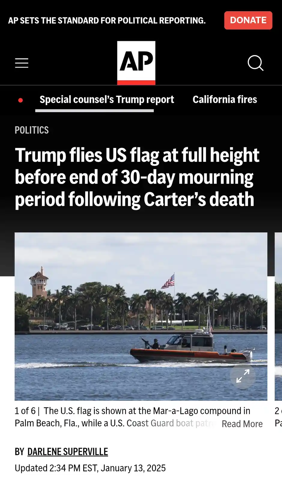 An Associated Press news article screenshot shows a headline about Trump flying the US flag at full height before the end of…