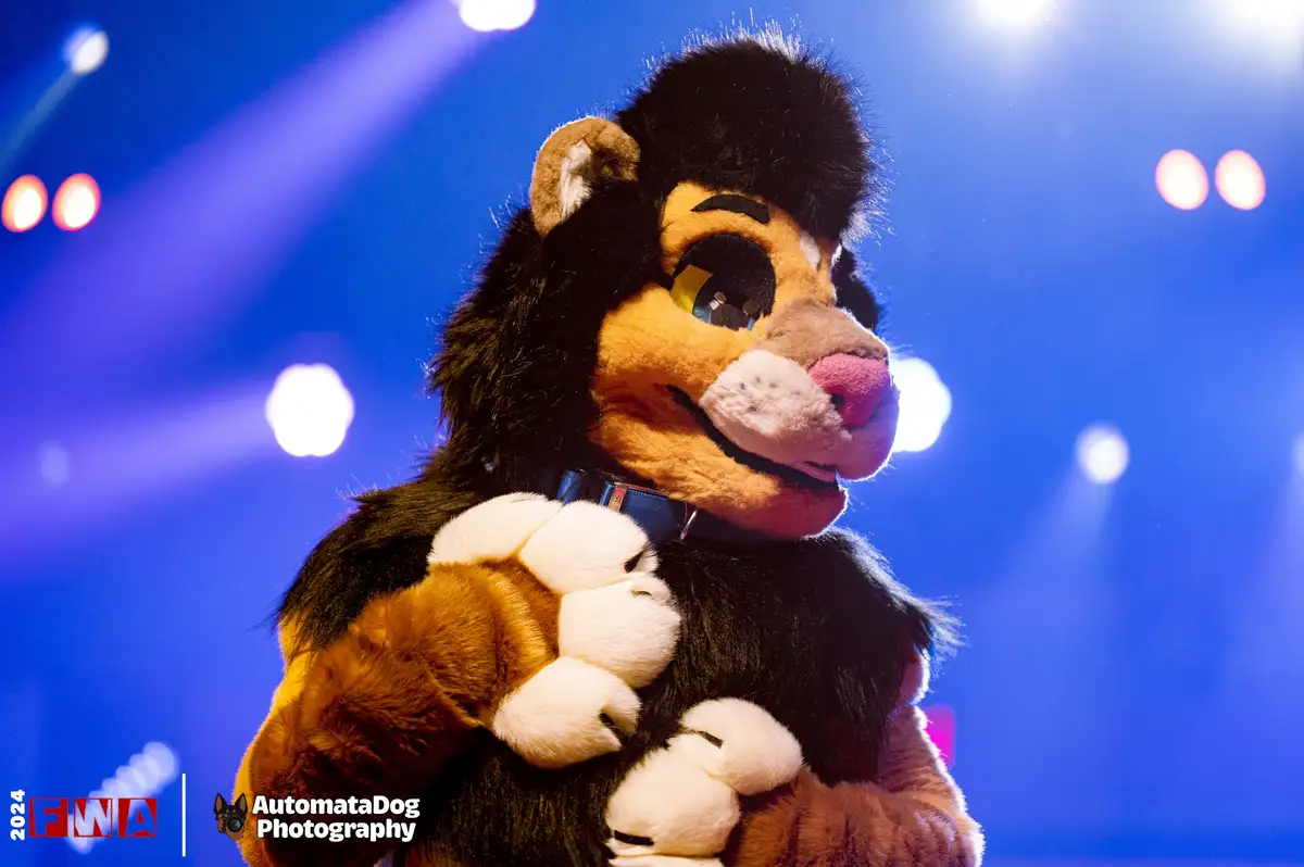 A person in a detailed lion fursuit with a black mane, tan face, and white paws stands on a stage under blue lighting with…