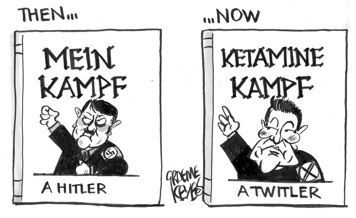 The image shows two side-by-side panels. The left panel, labeled 'THEN...', depicts a cartoon caricature of Adolf Hitler…