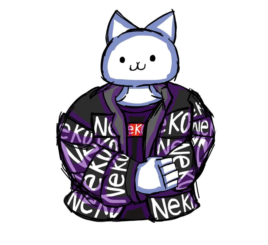 A cartoon cat with blue ears and a white face wears a purple and black jacket covered in the word 'Neko' in white text. The…