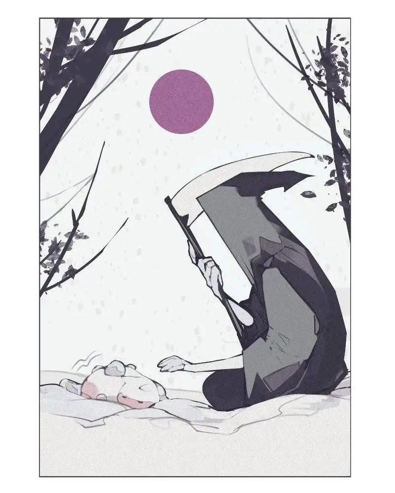 An anime-style illustration shows a grim reaper figure kneeling beside a sleeping, pink-furred creature on a snowy ground…