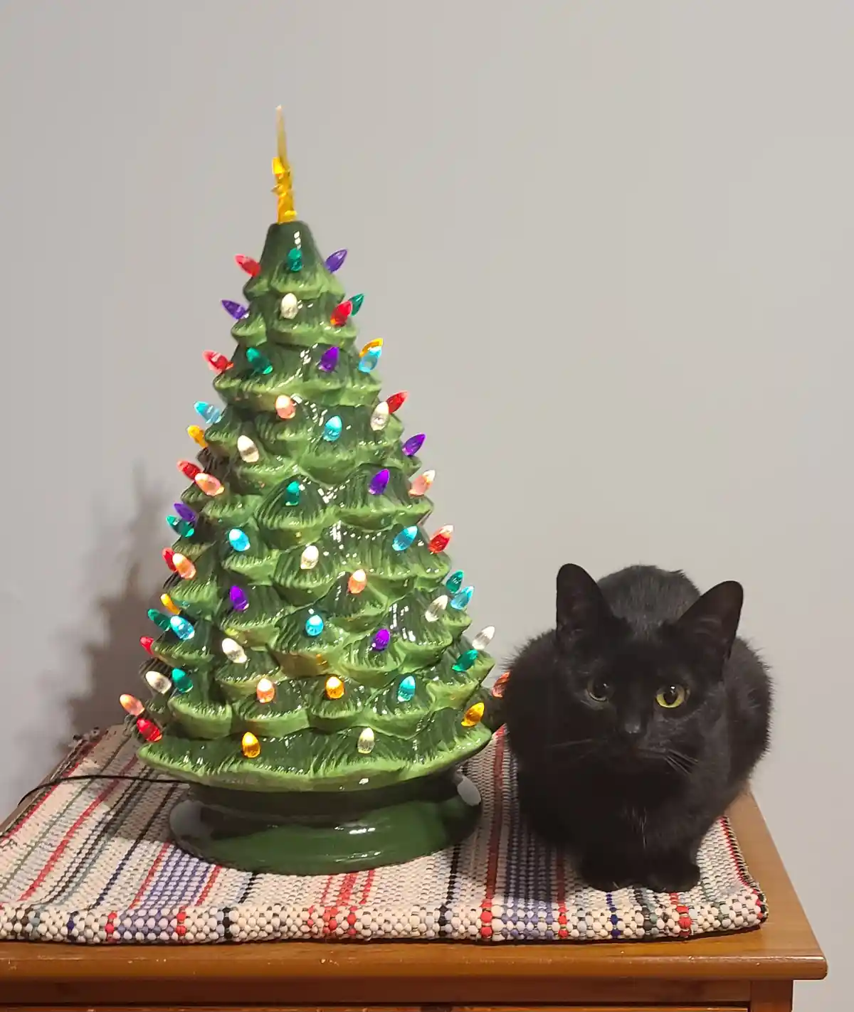 A black cat sits beside a green ceramic Christmas tree decorated with colorful lights, both placed on a patterned mat atop a…