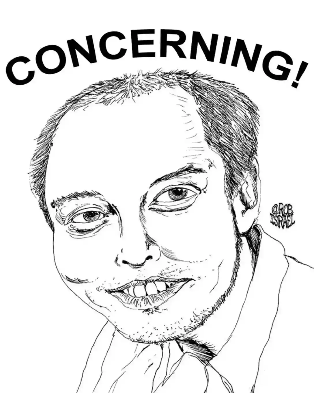 A black-and-white sketch shows a man with a wide, toothy grin and slightly bulging eyes, wearing a collared shirt. The word…