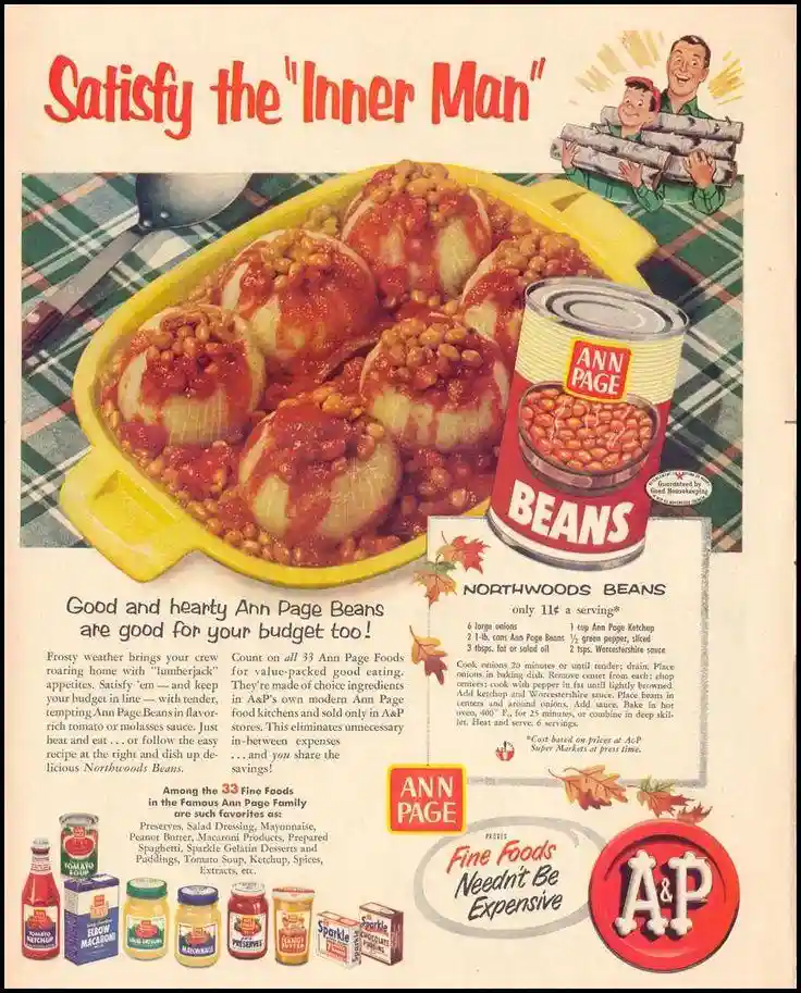 A vintage 1950s print advertisement for Ann Page Beans features a yellow dish of baked beans on onions, a can of Ann Page…