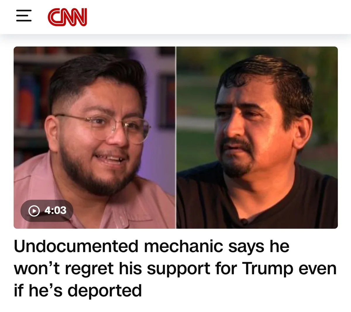 A split-screen CNN video thumbnail shows two men: one smiling in a pink shirt with glasses, the other looking serious in a…
