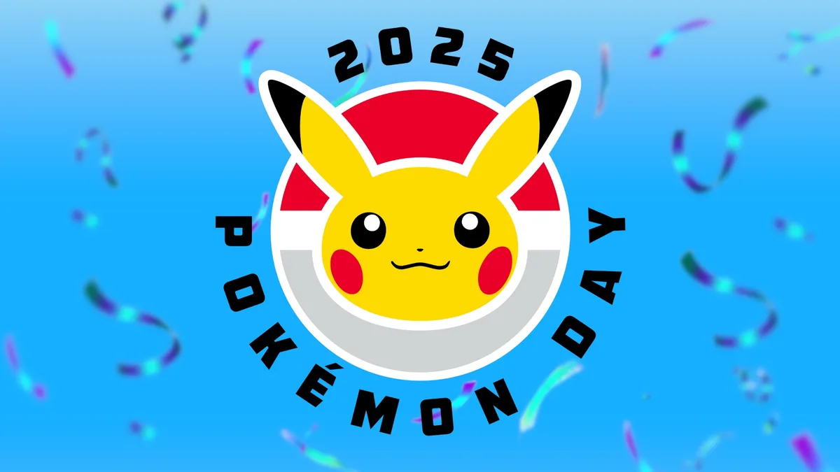 A cheerful Pikachu face is centered in a circular design against a blue background with colorful confetti. The text '2025'…