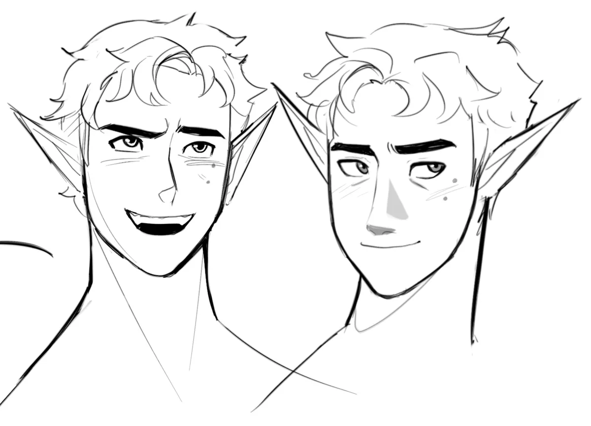 A black-and-white line drawing shows two side-by-side portraits of an elf-like male character with pointed ears and curly…