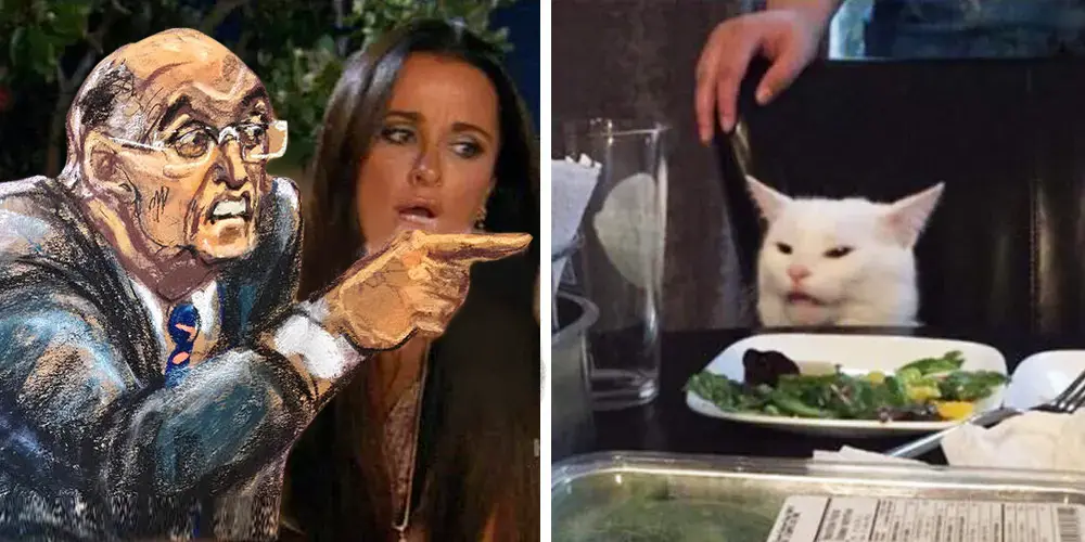 The image is a split-screen meme. On the left, a man with glasses and a suit, drawn in a chalk-like style, points angrily at…