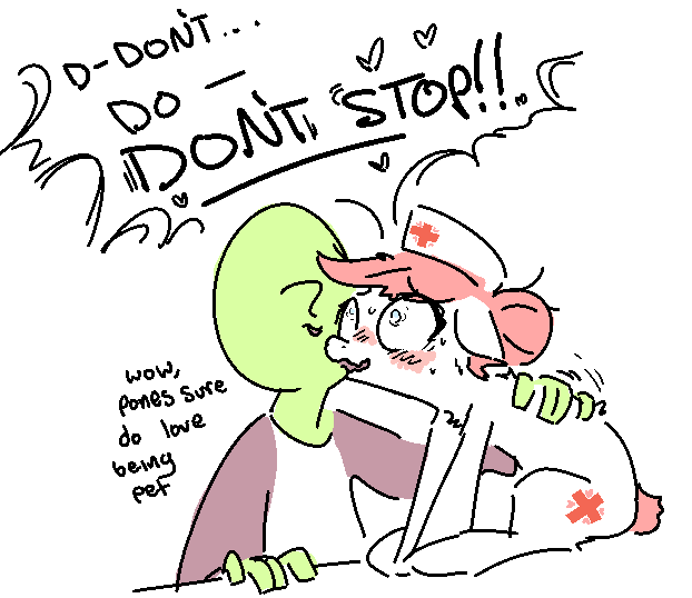 A cartoon green-skinned character with a purple shirt is being embraced by a pink mouse in a nurse outfit with a red cross…