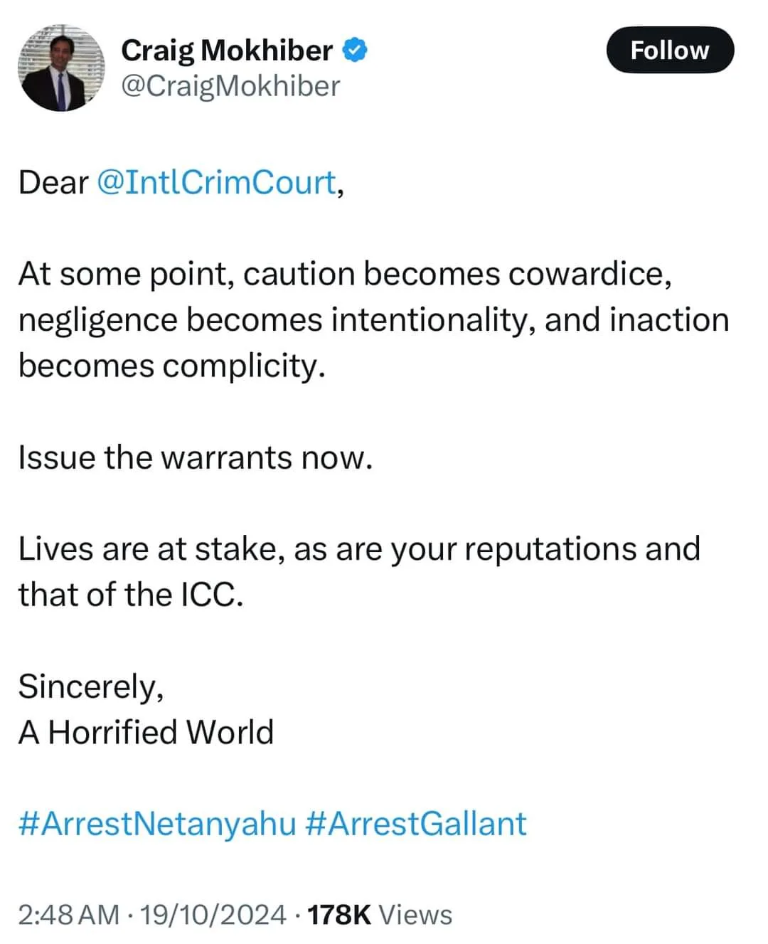 A screenshot of a tweet by Craig Mokhiber addressed to the International Criminal Court, urging them to issue warrants…