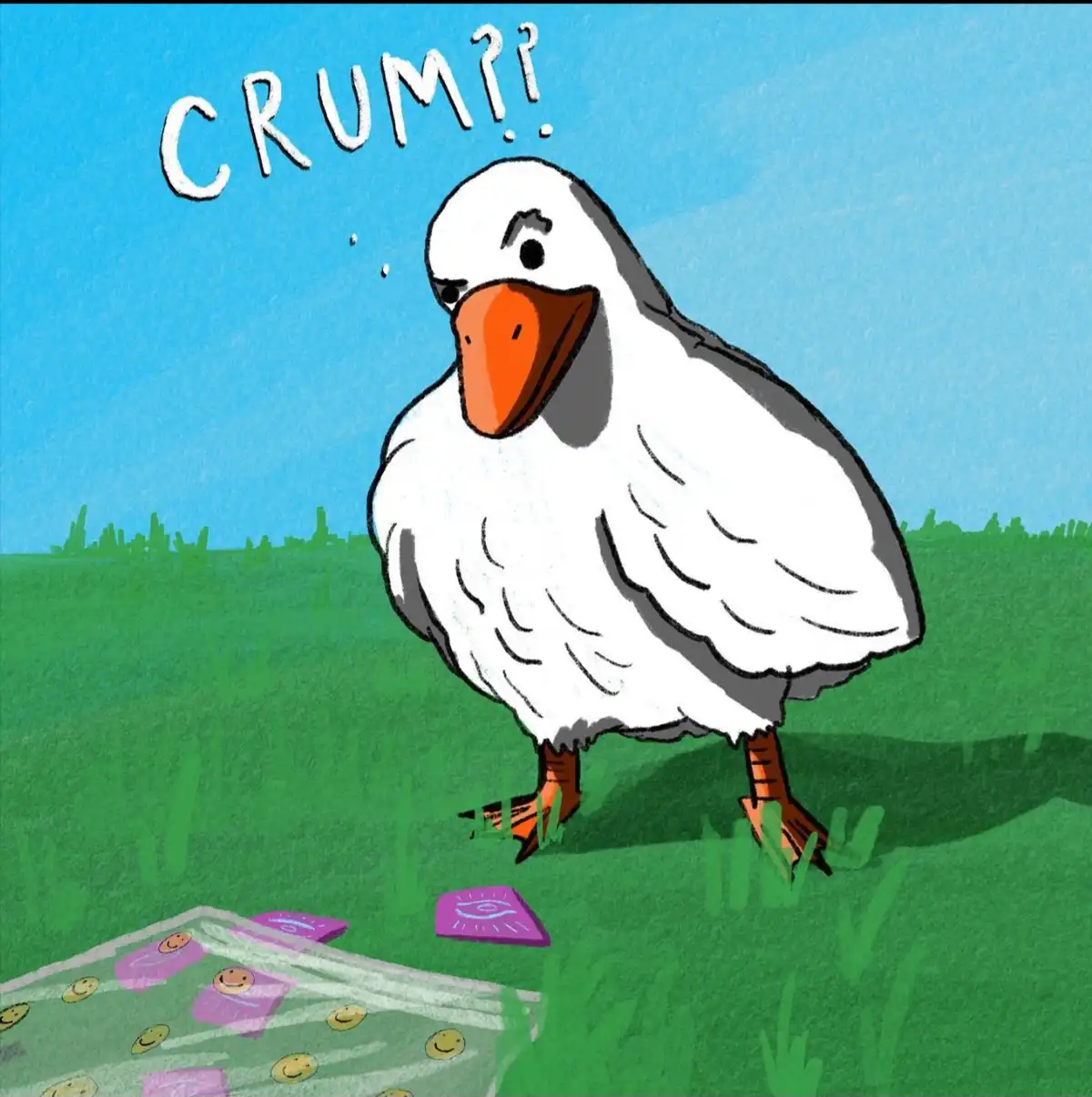 A cartoon goose with a confused expression stands in a grassy field, looking down at a pile of scattered purple cards with…