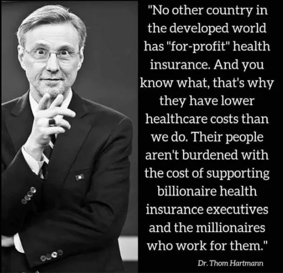 A black-and-white photo of Dr. Thom Hartmann, wearing glasses and a suit, gesturing with his hand near his chin. Beside him…