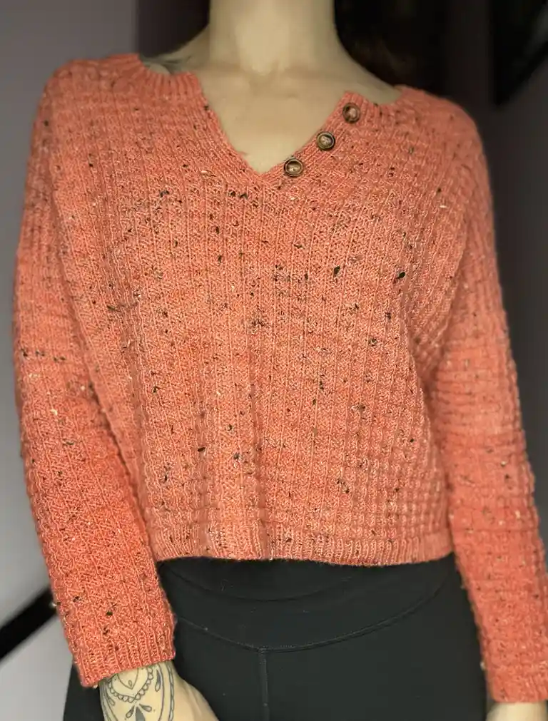 a person wearing a coral-colored, speckled knit sweater with three buttons at the neckline, paired with black pants. The…