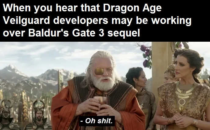 A still from a fantasy TV show shows an elderly man with a white beard and a gold eyepatch holding a cup, looking shocked…