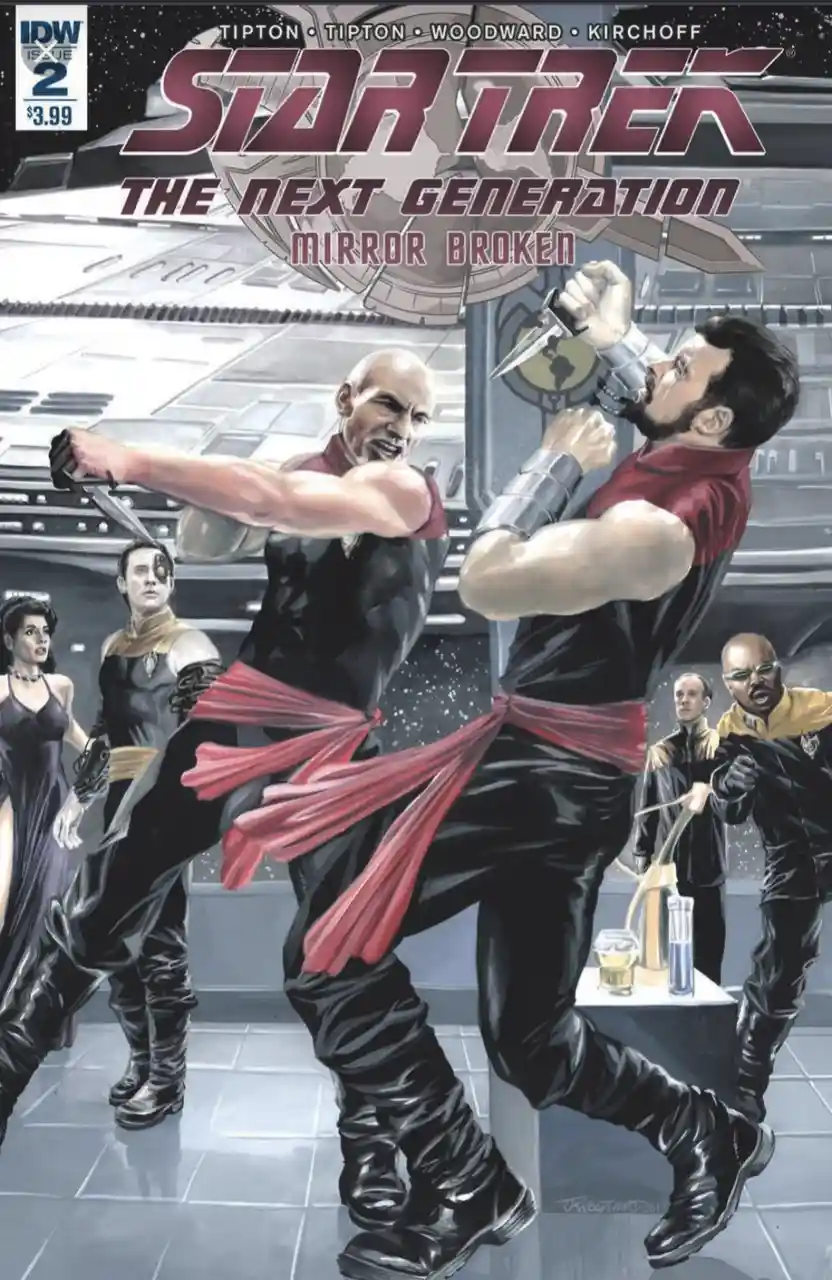 The image is a comic book cover for 'Star Trek: The Next Generation - Mirror Broken' issue 2, showing two muscular, bald and…