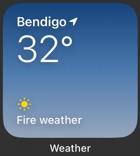 A smartphone weather app widget displays 'Bendigo' with a temperature of 32 degrees Celsius and a sun icon, with the text…