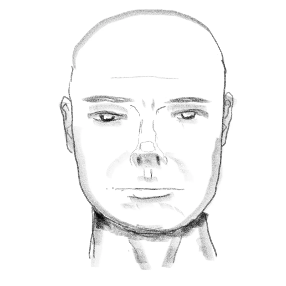 A grayscale sketch of a bald man's face with a neutral expression, overlaid with the text 'i'm not a fan of the new face'…