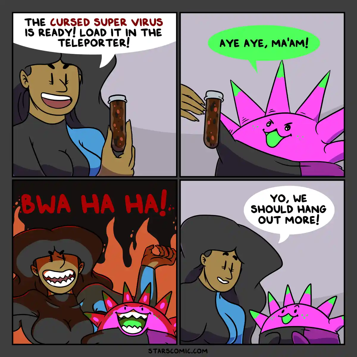 A four-panel comic shows a woman ordering a pink, spiky creature to load a vial of 'cursed super virus' into a teleporter…