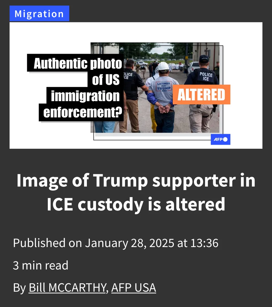 The image shows a man in a 'LATINOS FOR TRUMP 2024' t-shirt being escorted by two ICE officers, with overlaid text…