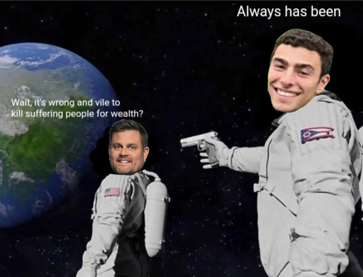 Two men in astronaut suits float in space with Earth in the background. The man on the right, holding a gun, has text above…