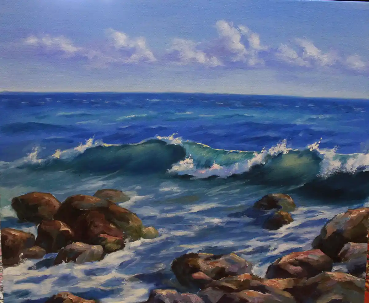 An oil painting depicts a dynamic ocean scene with large, crashing waves against a rocky shoreline under a partly cloudy…