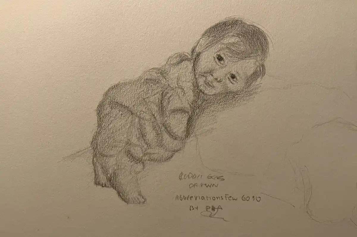 A pencil sketch of a baby crawling on a textured surface, looking up with a slight smile. Below the drawing, handwritten…